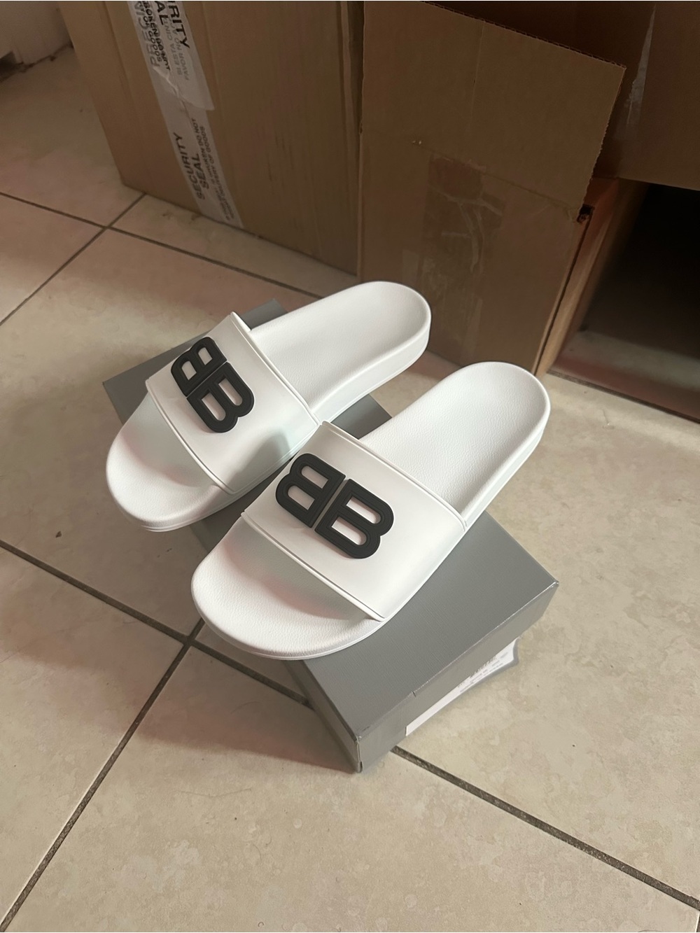 Balenciaga White Slides with Black Double B Logo - Picture 1 of 3
